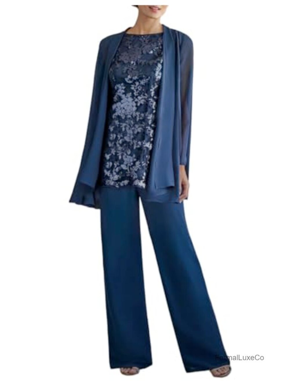 Women's 3 Piece Pants Suit Set Sleeveless Lace Top & Jacket Wedding Formal